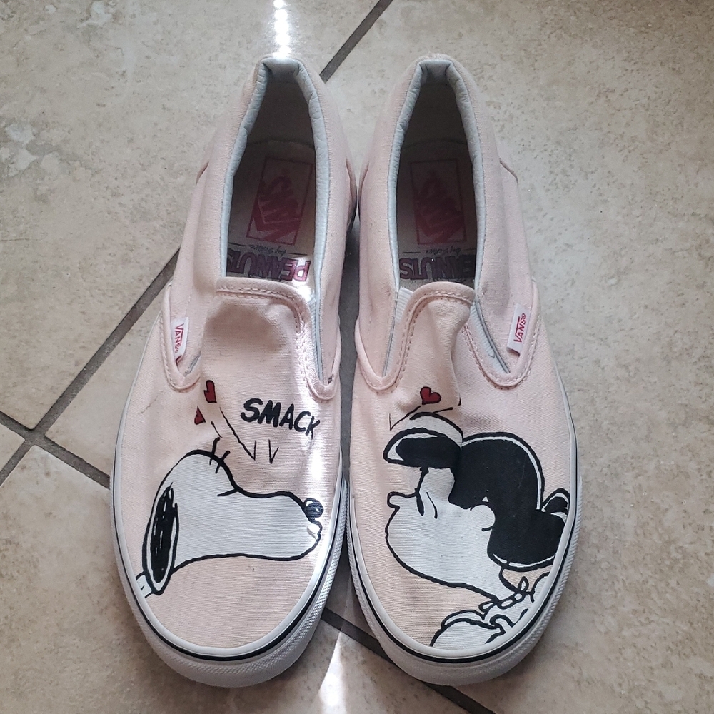 Vans Pink and Black Snoopy Slip-On Sneakers